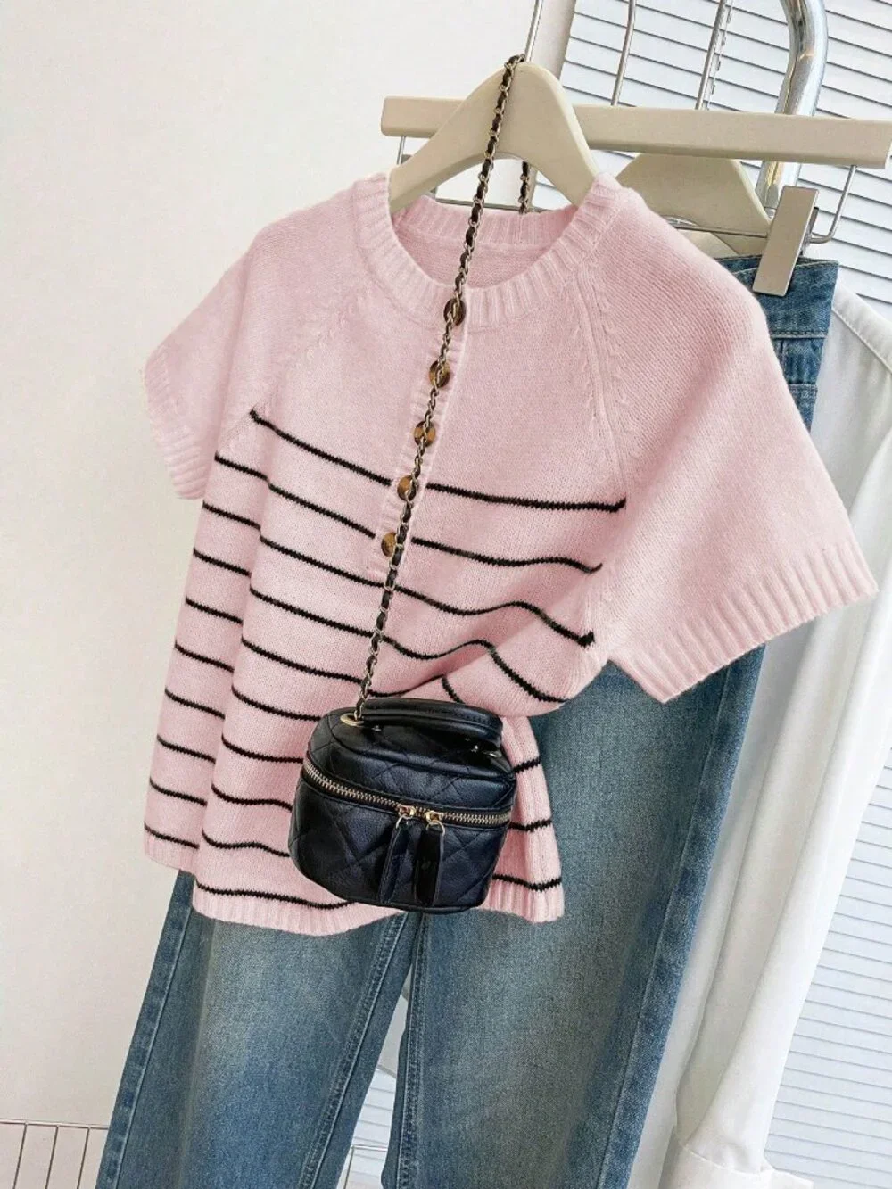 Pink Casual Women's Loose Round Neck Short Sleeve Knitted Stripe Sweater